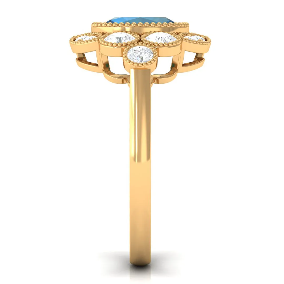 2 CT Oval London Blue Topaz Statement Ring with Diamond Halo