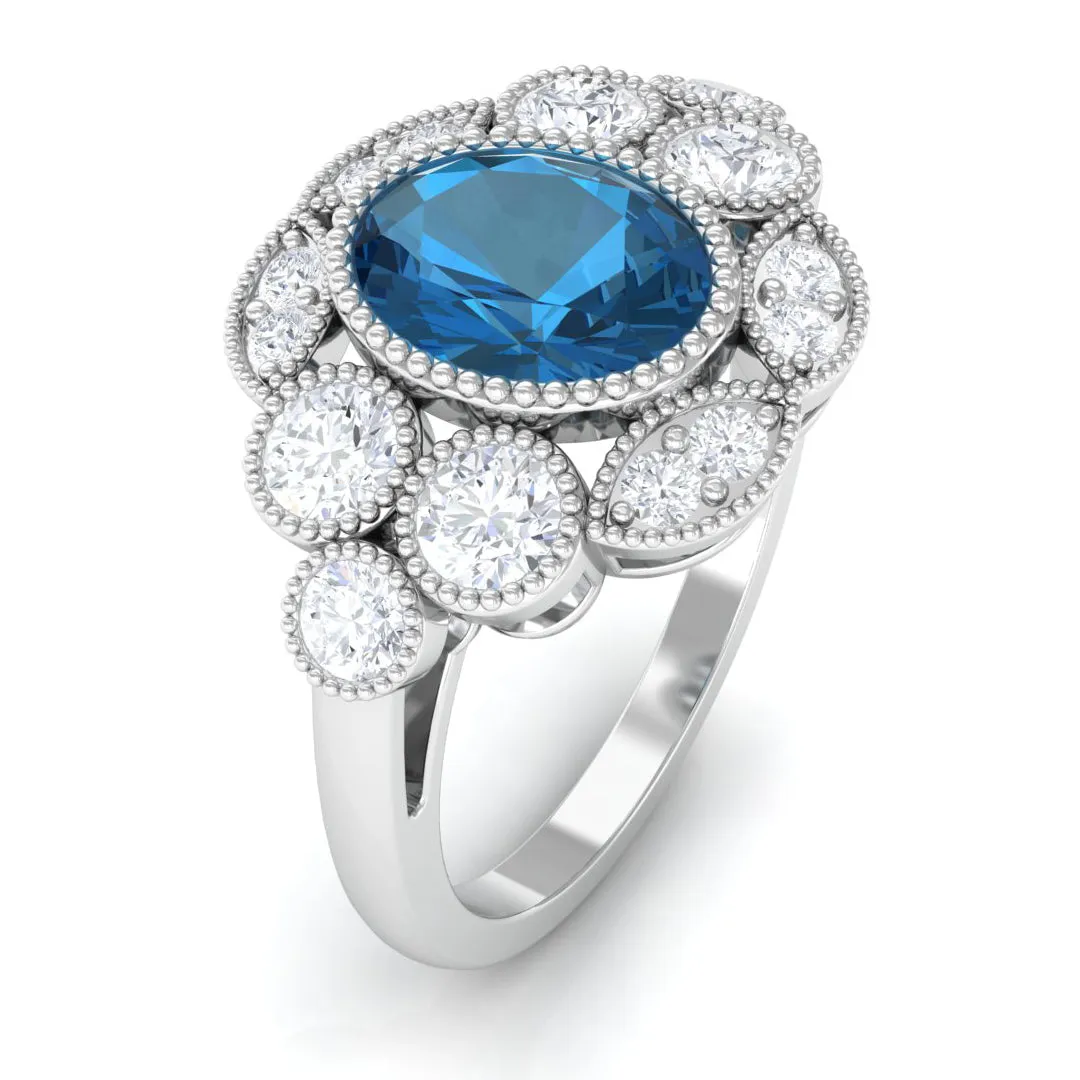 2 CT Oval London Blue Topaz Statement Ring with Diamond Halo