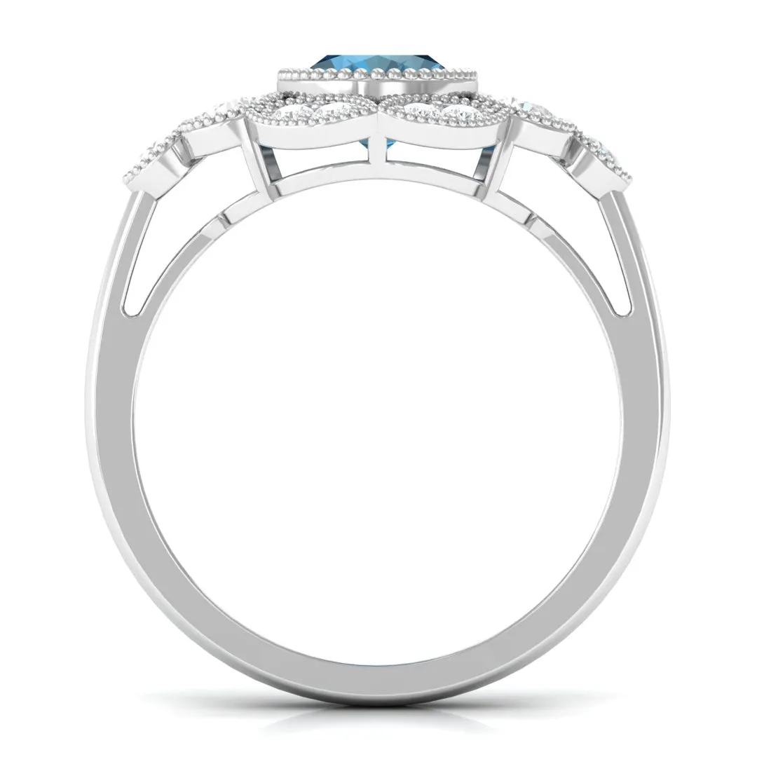 2 CT Oval London Blue Topaz Statement Ring with Diamond Halo