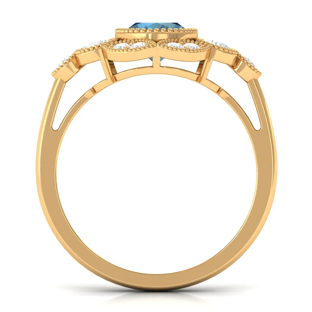 2 CT Oval London Blue Topaz Statement Ring with Diamond Halo
