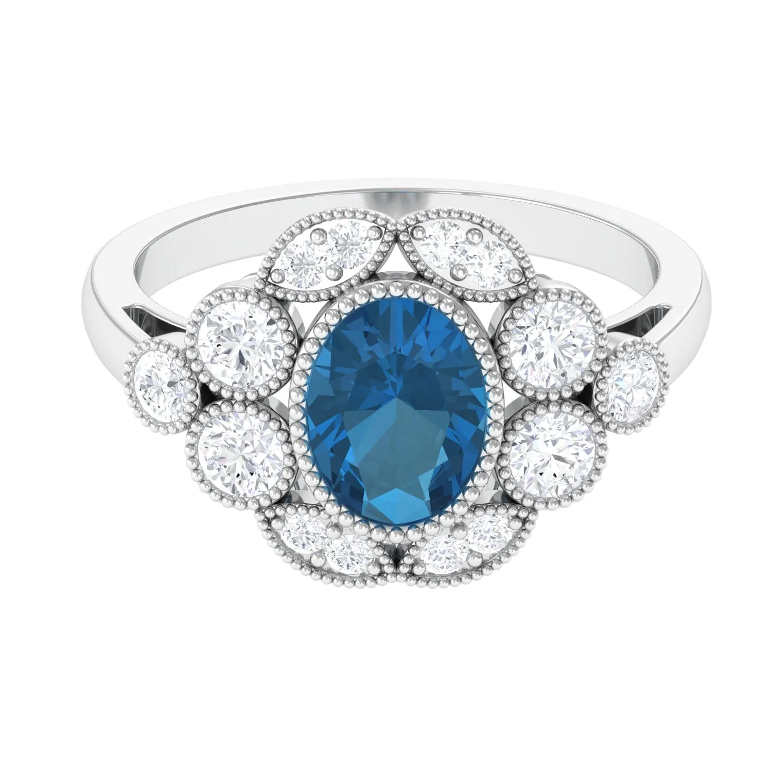 2 CT Oval London Blue Topaz Statement Ring with Diamond Halo