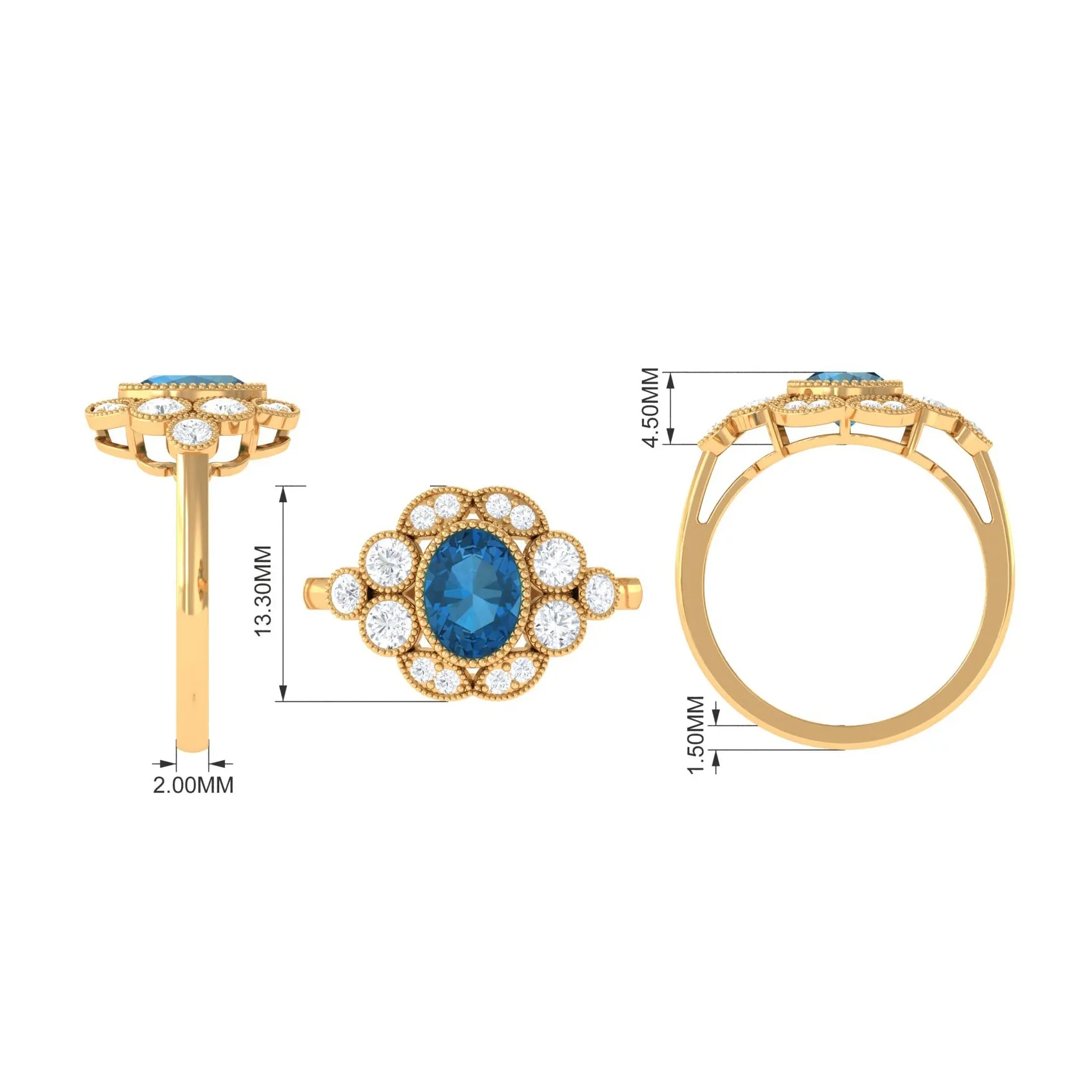 2 CT Oval London Blue Topaz Statement Ring with Diamond Halo