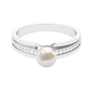 2.50 CT Freshwater Pearl Solitaire Ring with Diamond Side Stones