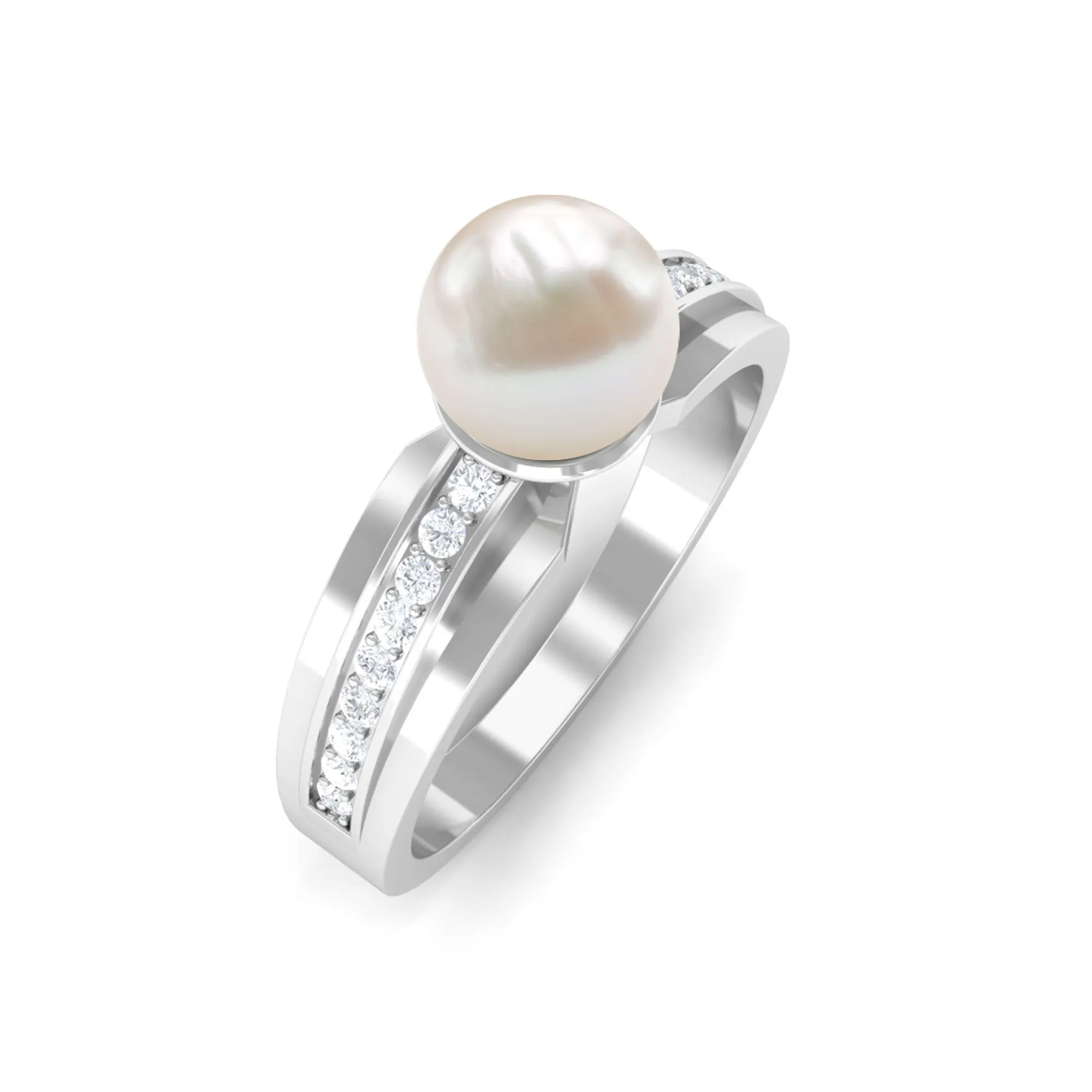 2.50 CT Freshwater Pearl Solitaire Ring with Diamond Side Stones