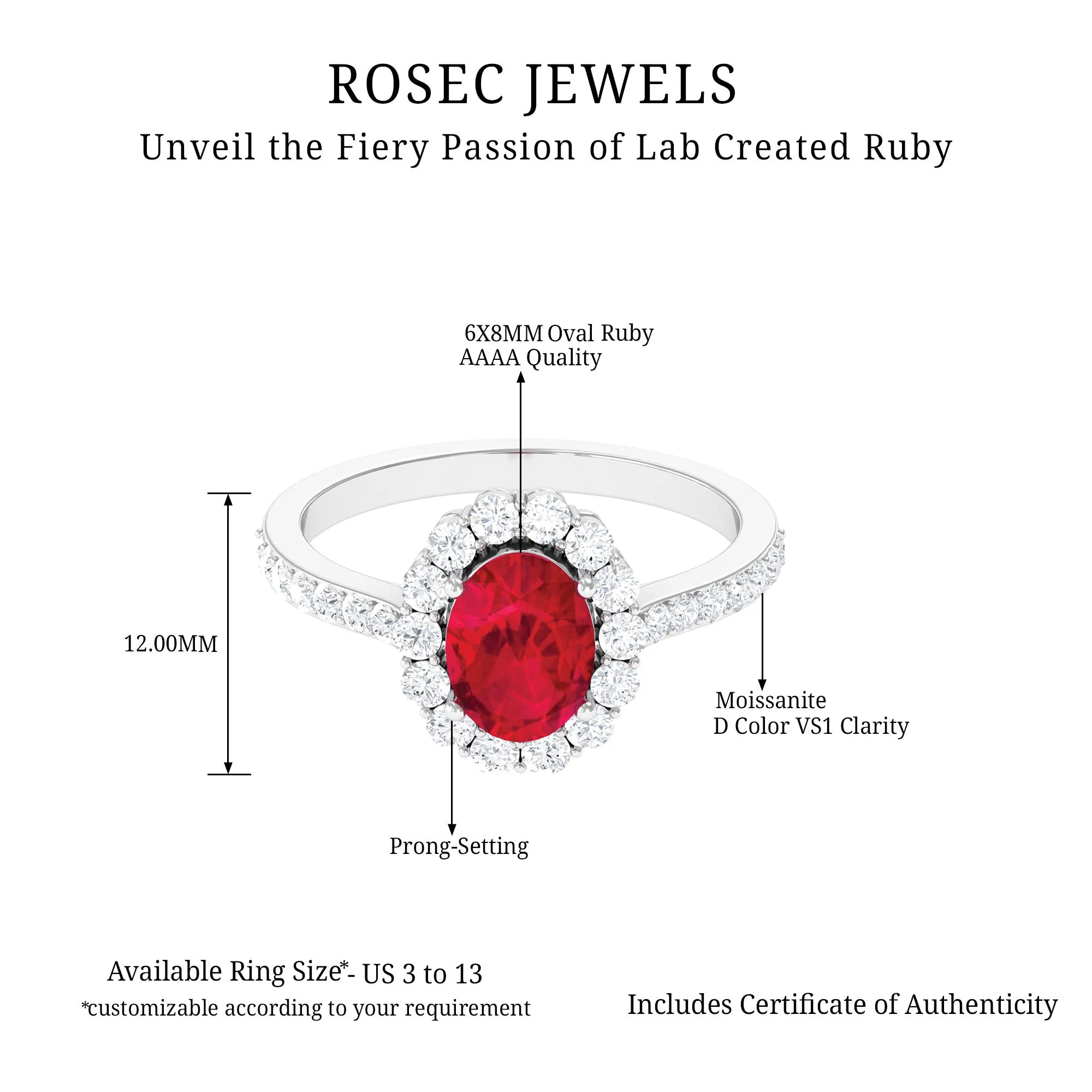 2.75 CT Oval Cut Created Ruby Ring with Moissanite Halo