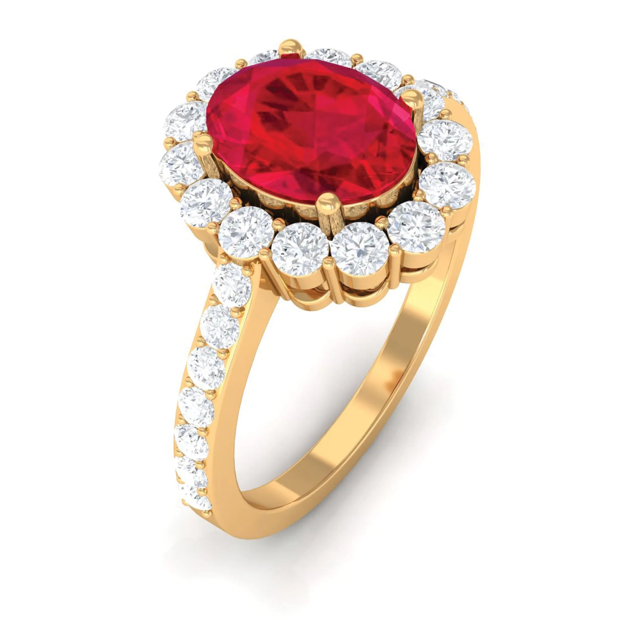 2.75 CT Oval Cut Created Ruby Ring with Moissanite Halo