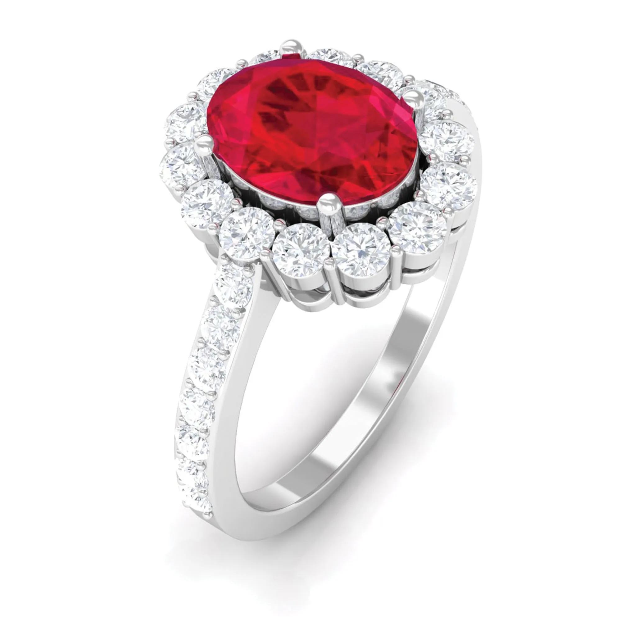 2.75 CT Oval Cut Created Ruby Ring with Moissanite Halo