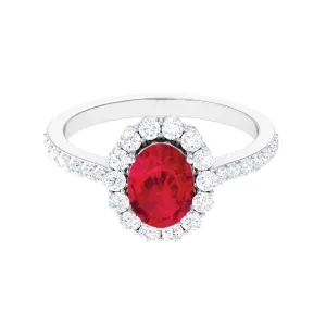 2.75 CT Oval Cut Created Ruby Ring with Moissanite Halo