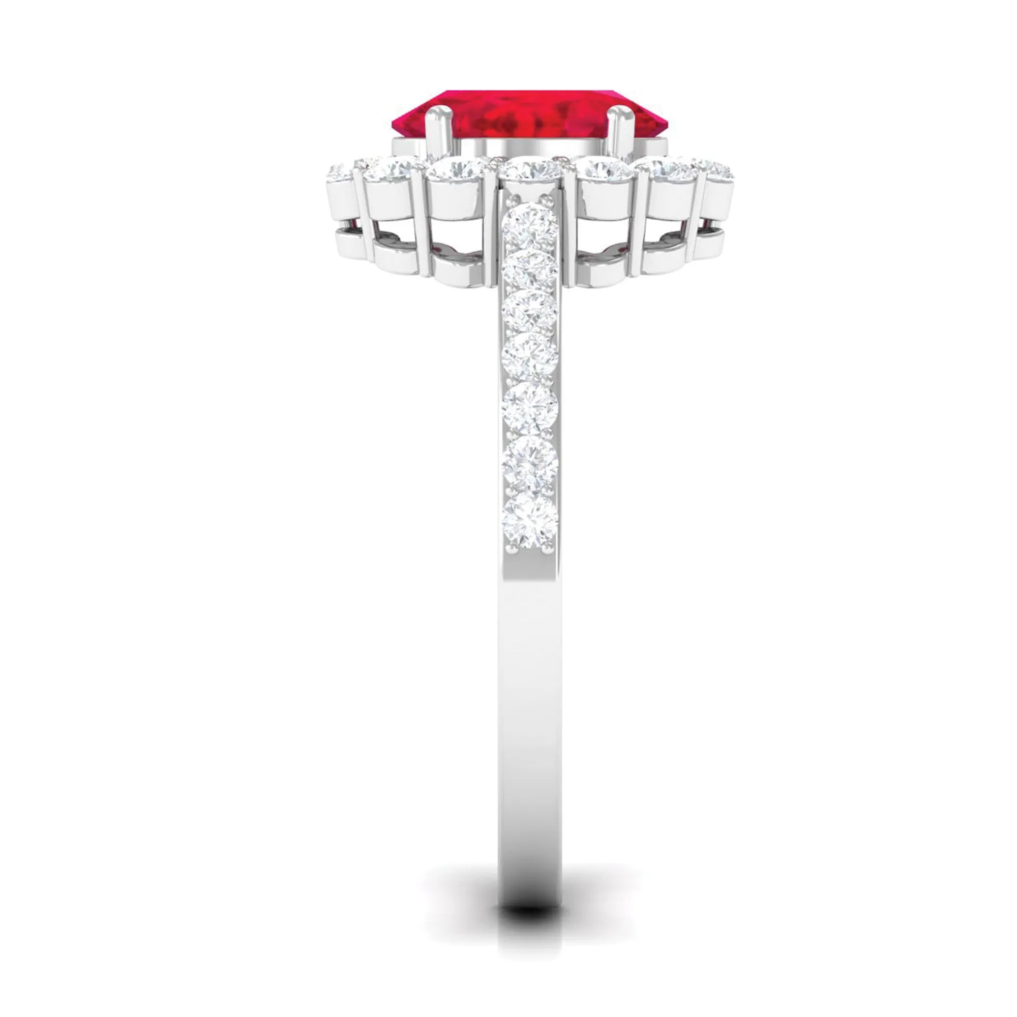 2.75 CT Oval Cut Created Ruby Ring with Moissanite Halo