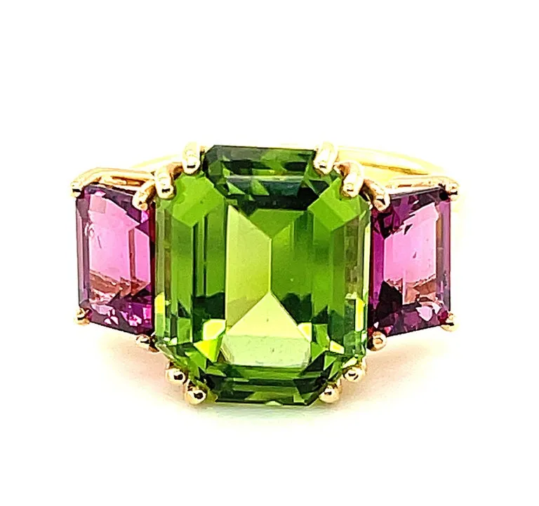 6.77 Carat Peridot and Rhodolite Garnet Cocktail Ring in Yellow and Rose Gold