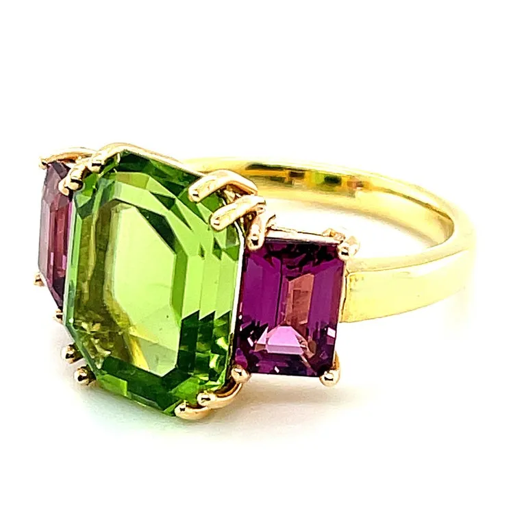 6.77 Carat Peridot and Rhodolite Garnet Cocktail Ring in Yellow and Rose Gold