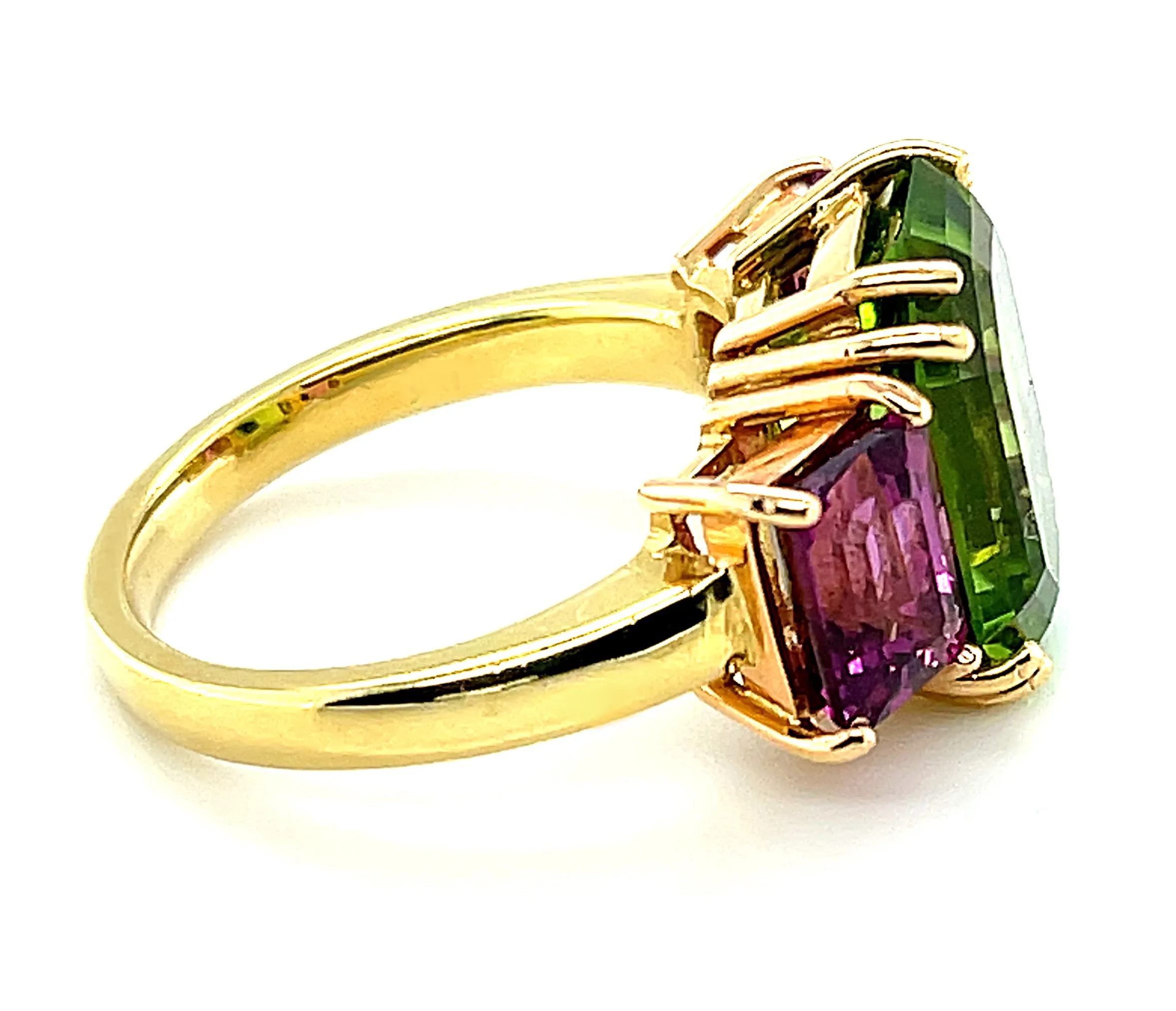 6.77 Carat Peridot and Rhodolite Garnet Cocktail Ring in Yellow and Rose Gold