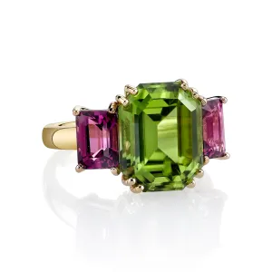 6.77 Carat Peridot and Rhodolite Garnet Cocktail Ring in Yellow and Rose Gold
