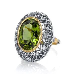 8.85 ct. Peridot and Diamond 18k Yellow Bezel White Gold Florentine Dome Ring