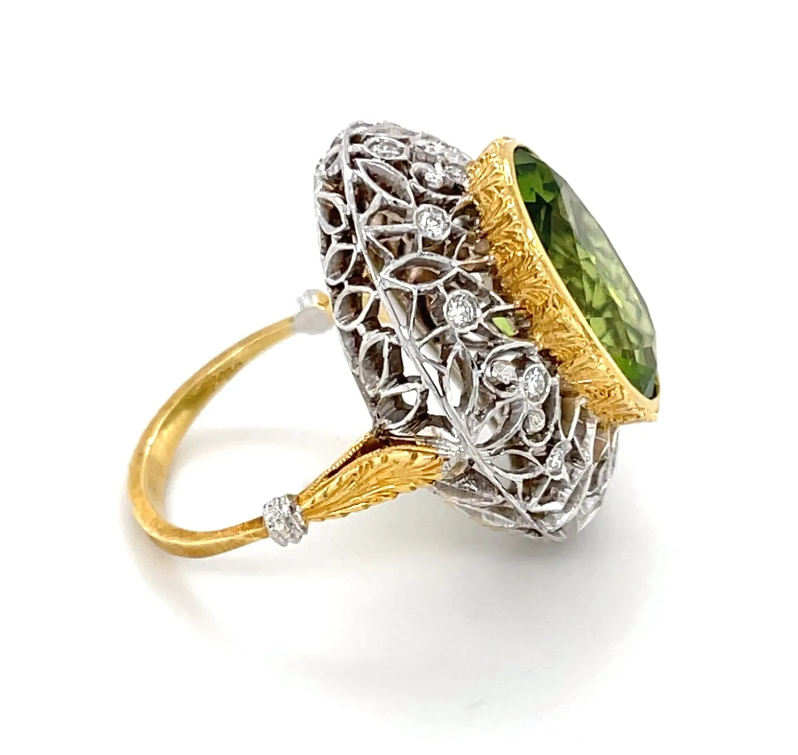 8.85 ct. Peridot and Diamond 18k Yellow Bezel White Gold Florentine Dome Ring
