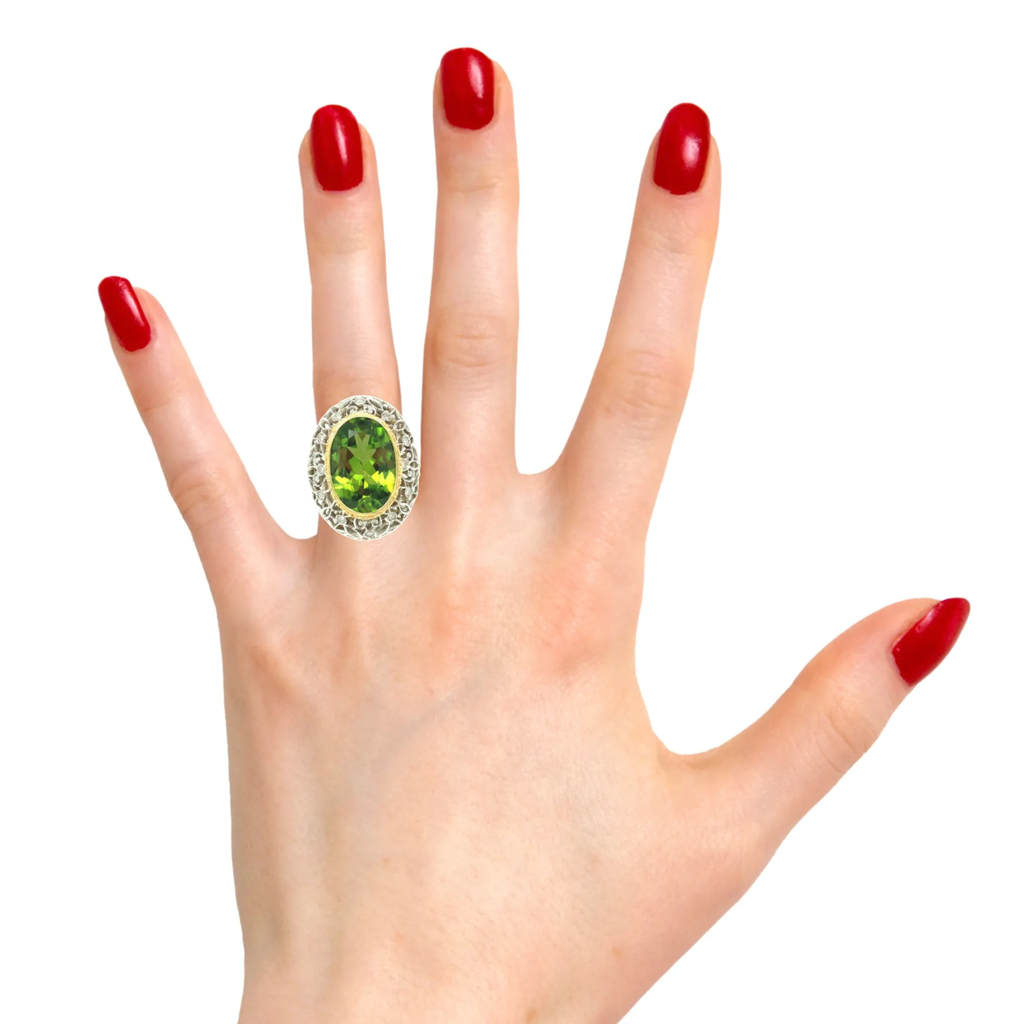 8.85 ct. Peridot and Diamond 18k Yellow Bezel White Gold Florentine Dome Ring