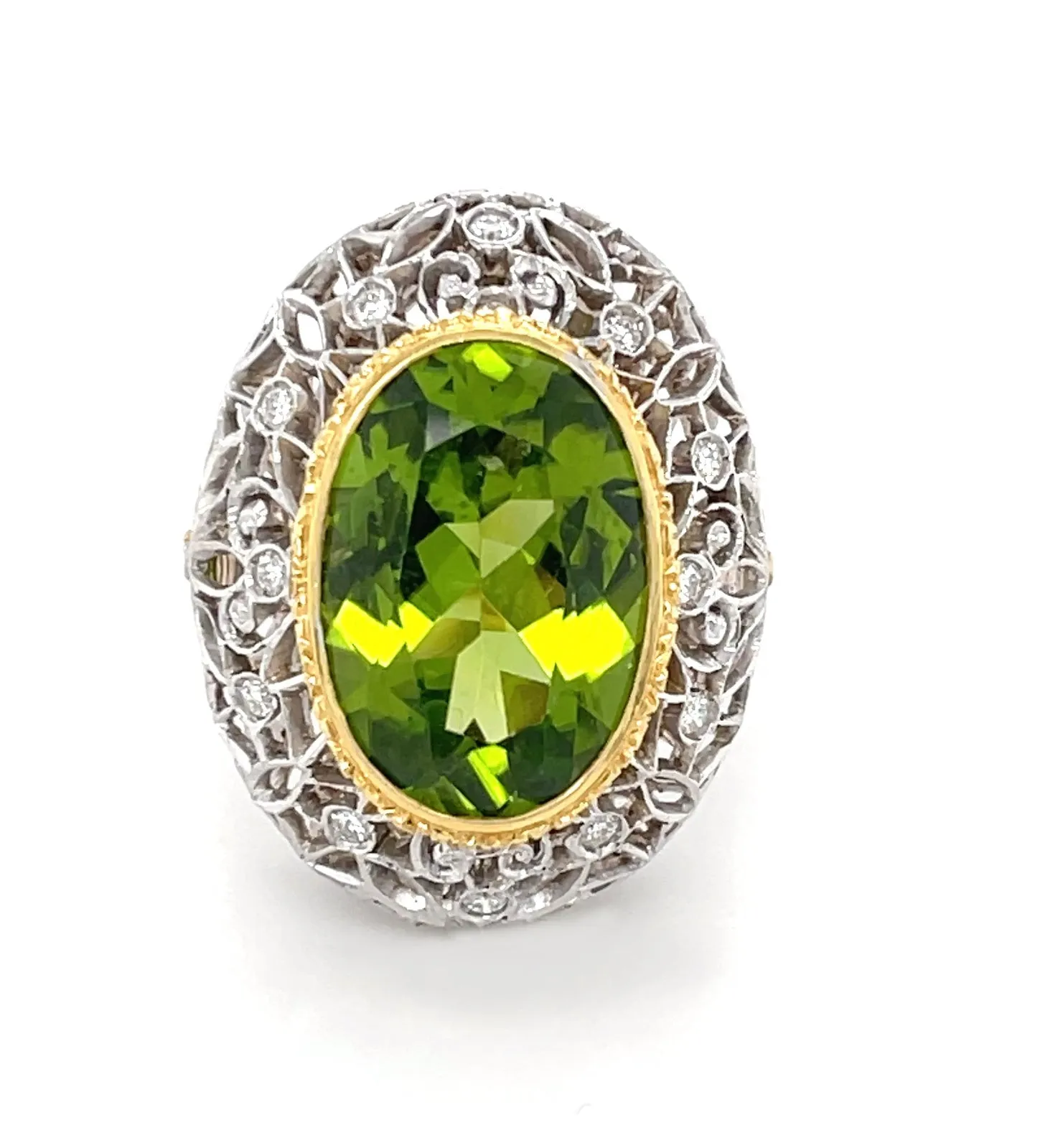 8.85 ct. Peridot and Diamond 18k Yellow Bezel White Gold Florentine Dome Ring