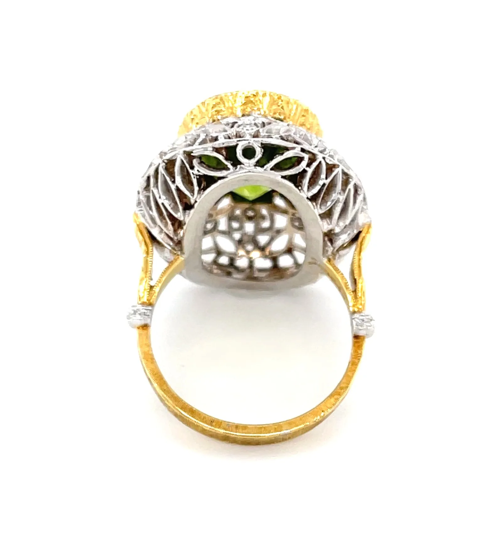 8.85 ct. Peridot and Diamond 18k Yellow Bezel White Gold Florentine Dome Ring
