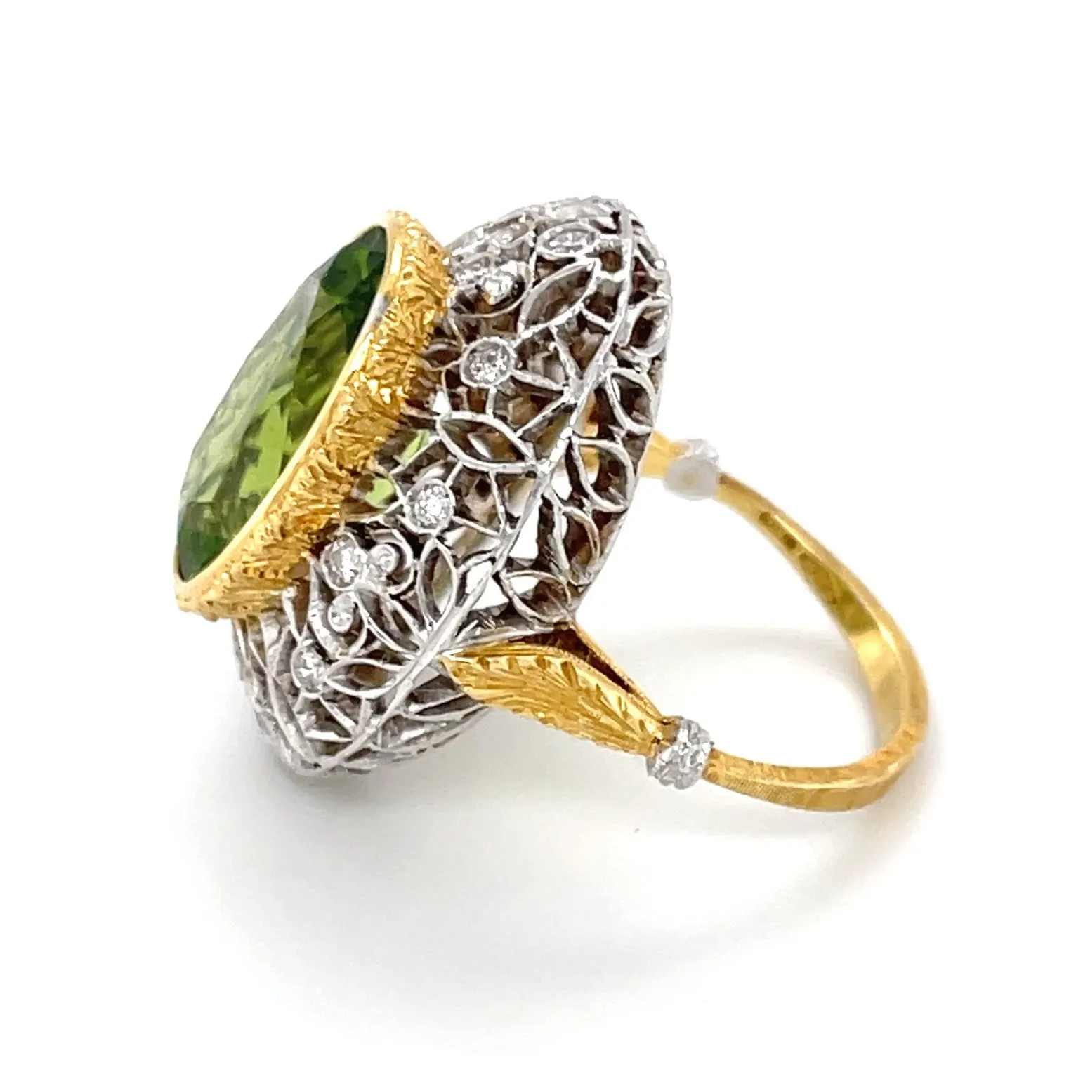 8.85 ct. Peridot and Diamond 18k Yellow Bezel White Gold Florentine Dome Ring