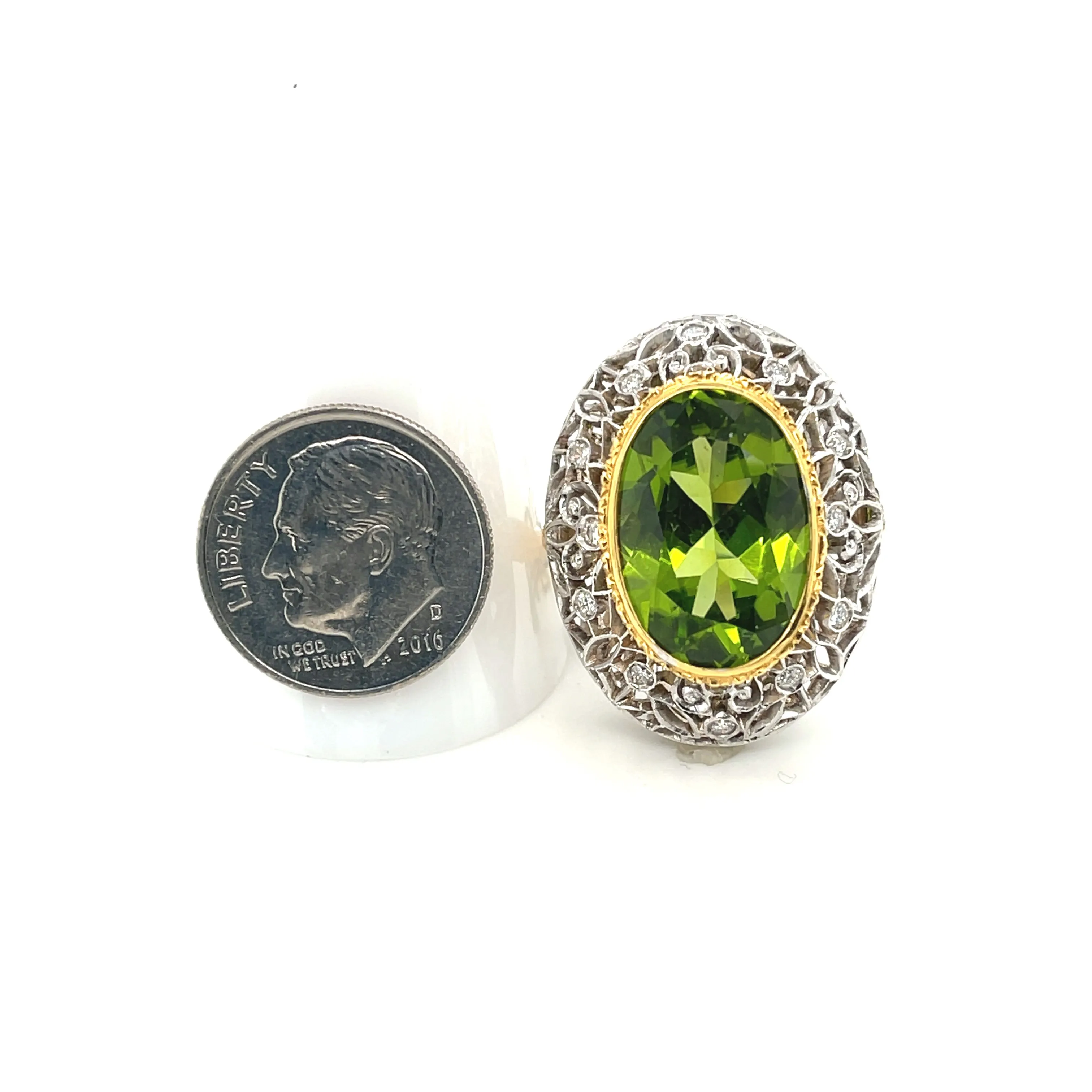 8.85 ct. Peridot and Diamond 18k Yellow Bezel White Gold Florentine Dome Ring