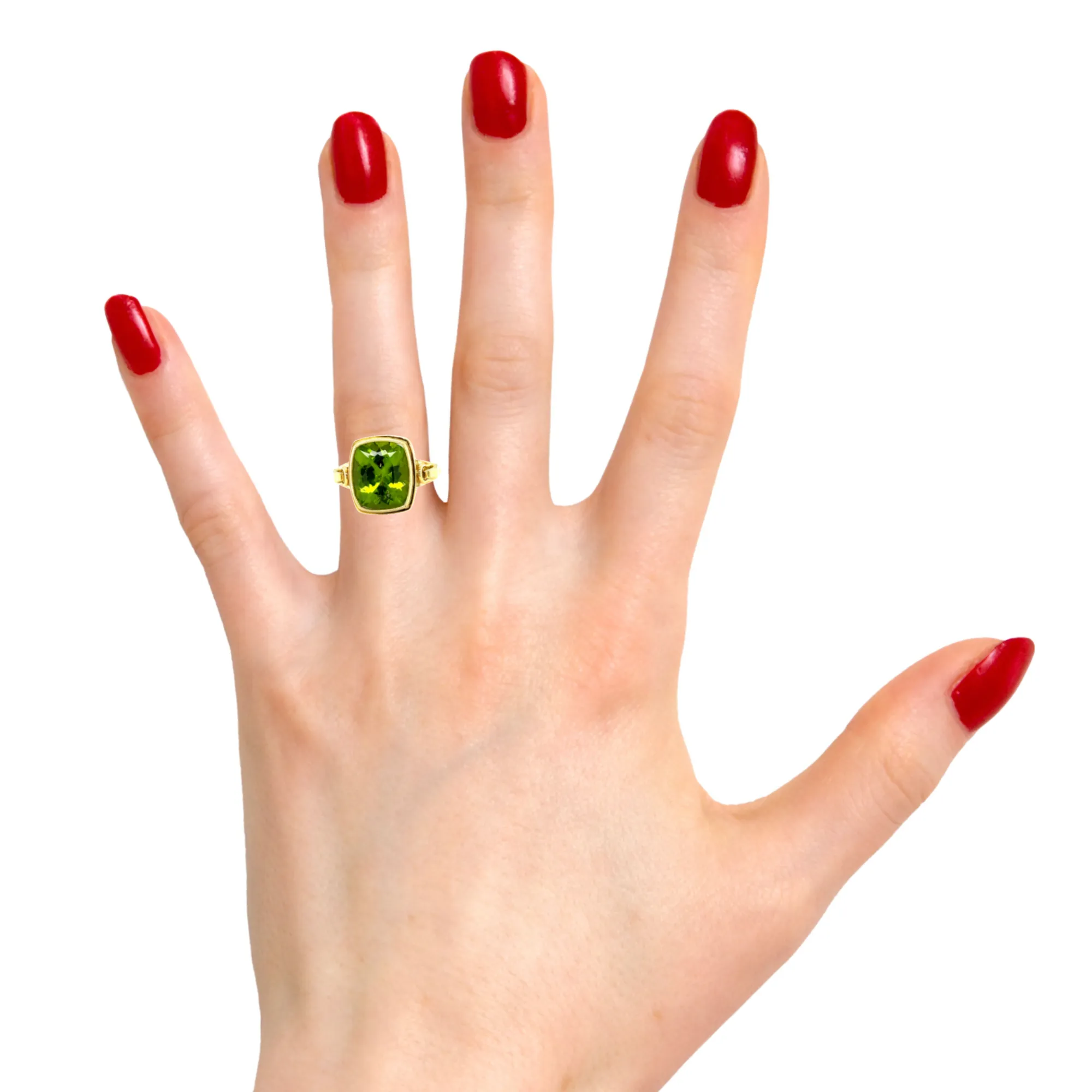 9.24 Carat Peridot Cushion and 18k Engraved Yellow Gold Band Ring