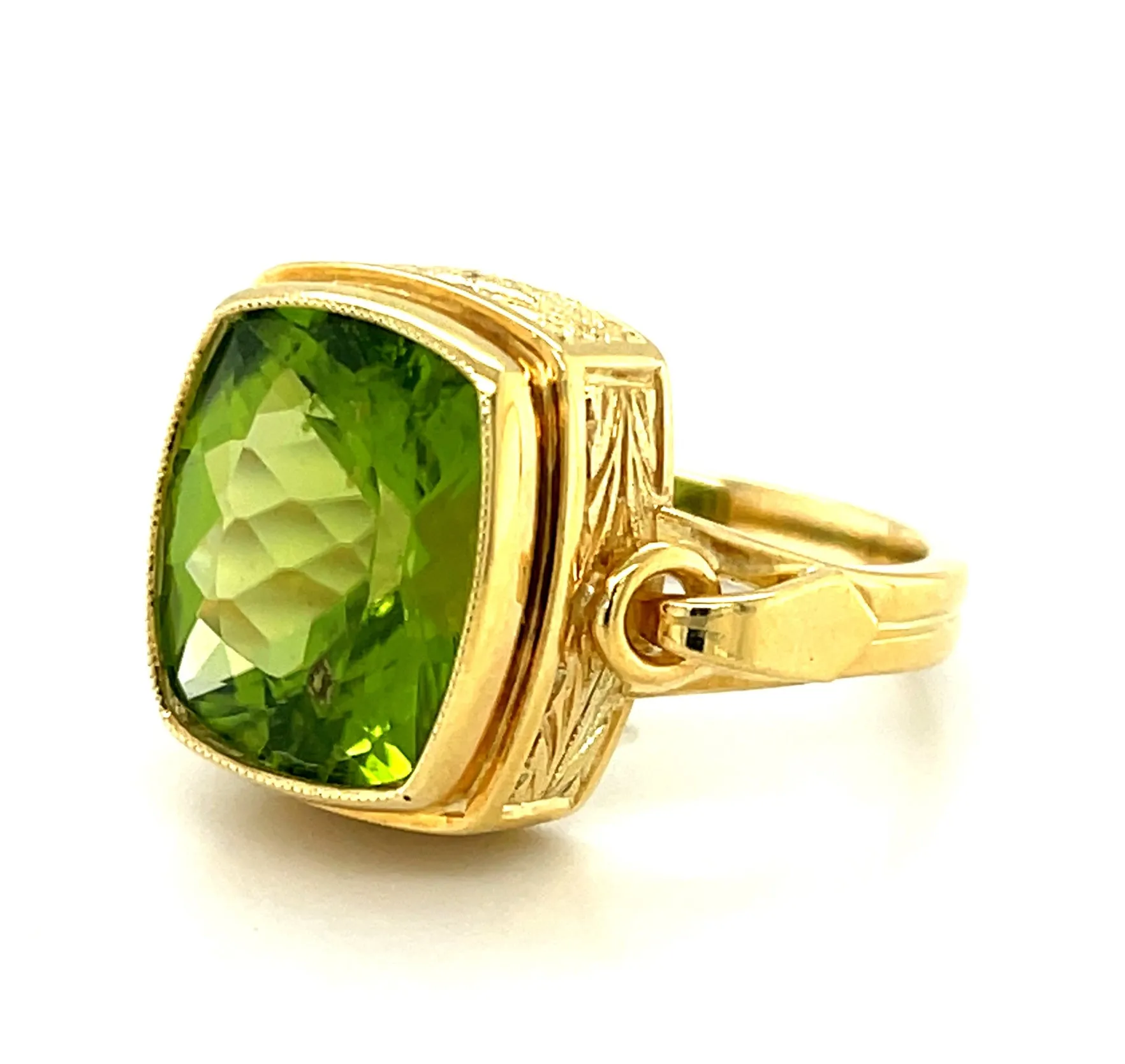 9.24 Carat Peridot Cushion and 18k Engraved Yellow Gold Band Ring
