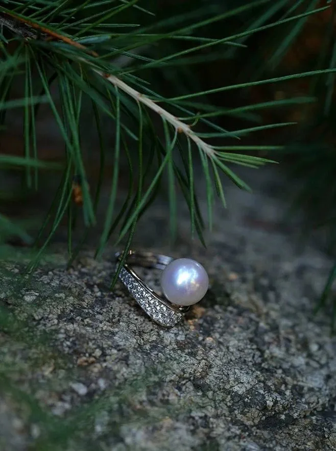 925 Silver Micro-Pave Zircon Natural Pearl Open Ring