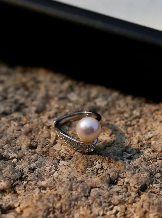 925 Silver Micro-Pave Zircon Natural Pearl Open Ring