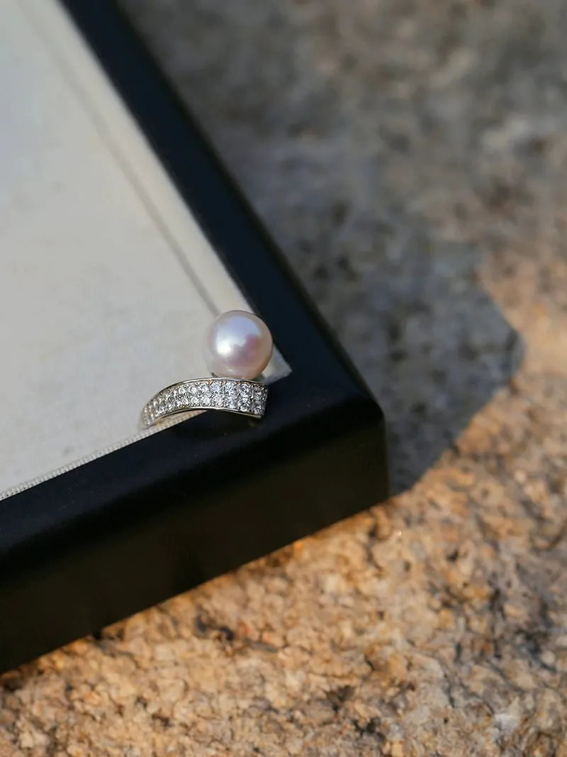 925 Silver Micro-Pave Zircon Natural Pearl Open Ring