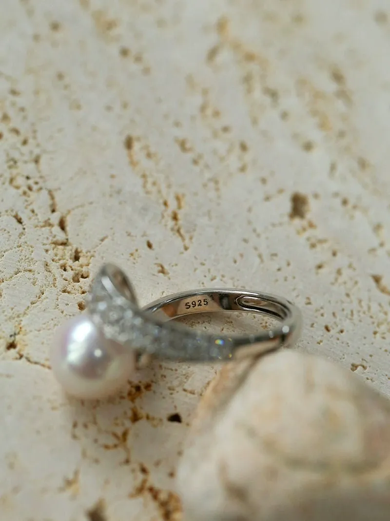 925 Silver Micro-Pave Zircon Natural Pearl Open Ring