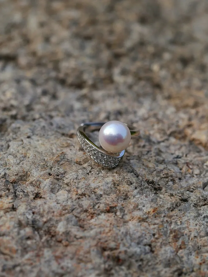 925 Silver Micro-Pave Zircon Natural Pearl Open Ring