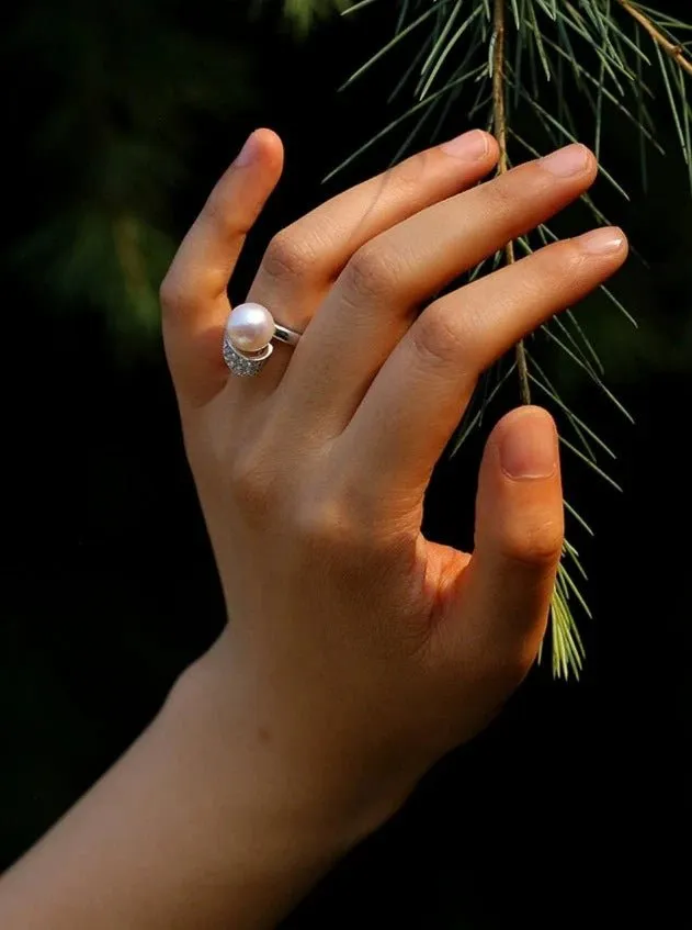 925 Silver Micro-Pave Zircon Natural Pearl Open Ring