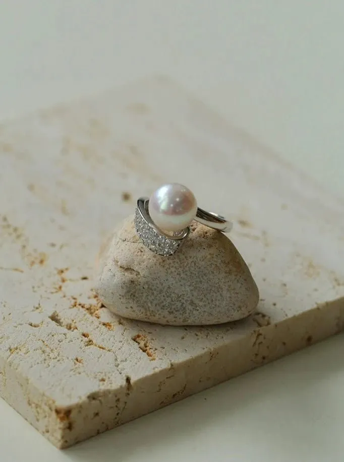925 Silver Micro-Pave Zircon Natural Pearl Open Ring