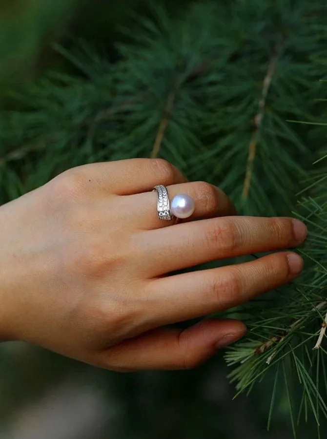 925 Silver Micro-Pave Zircon Natural Pearl Open Ring