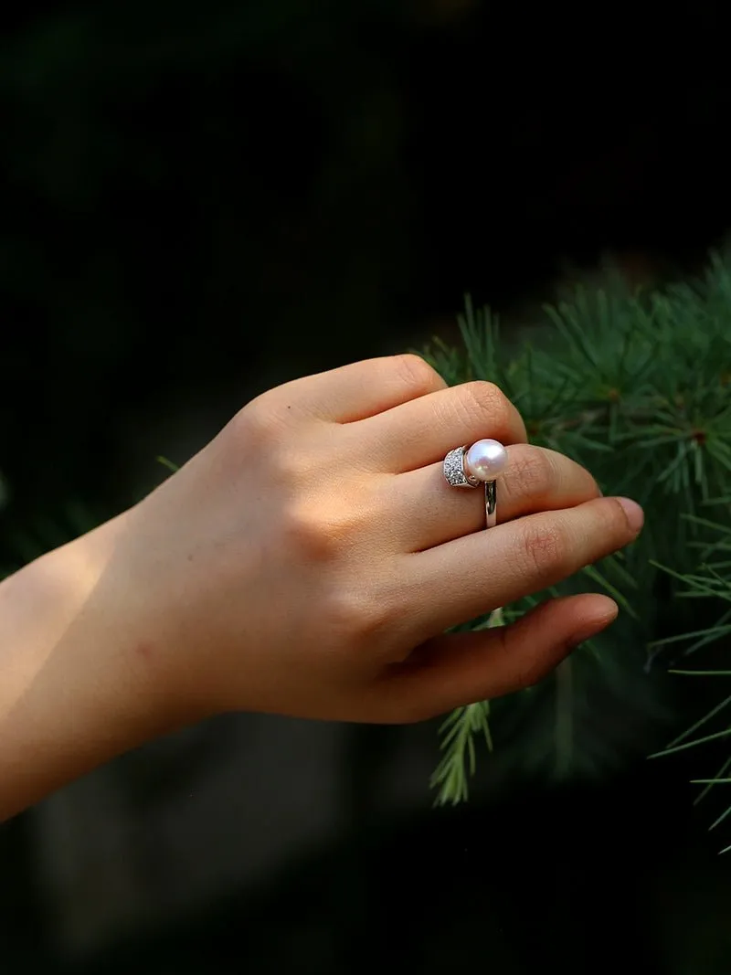 925 Silver Micro-Pave Zircon Natural Pearl Open Ring