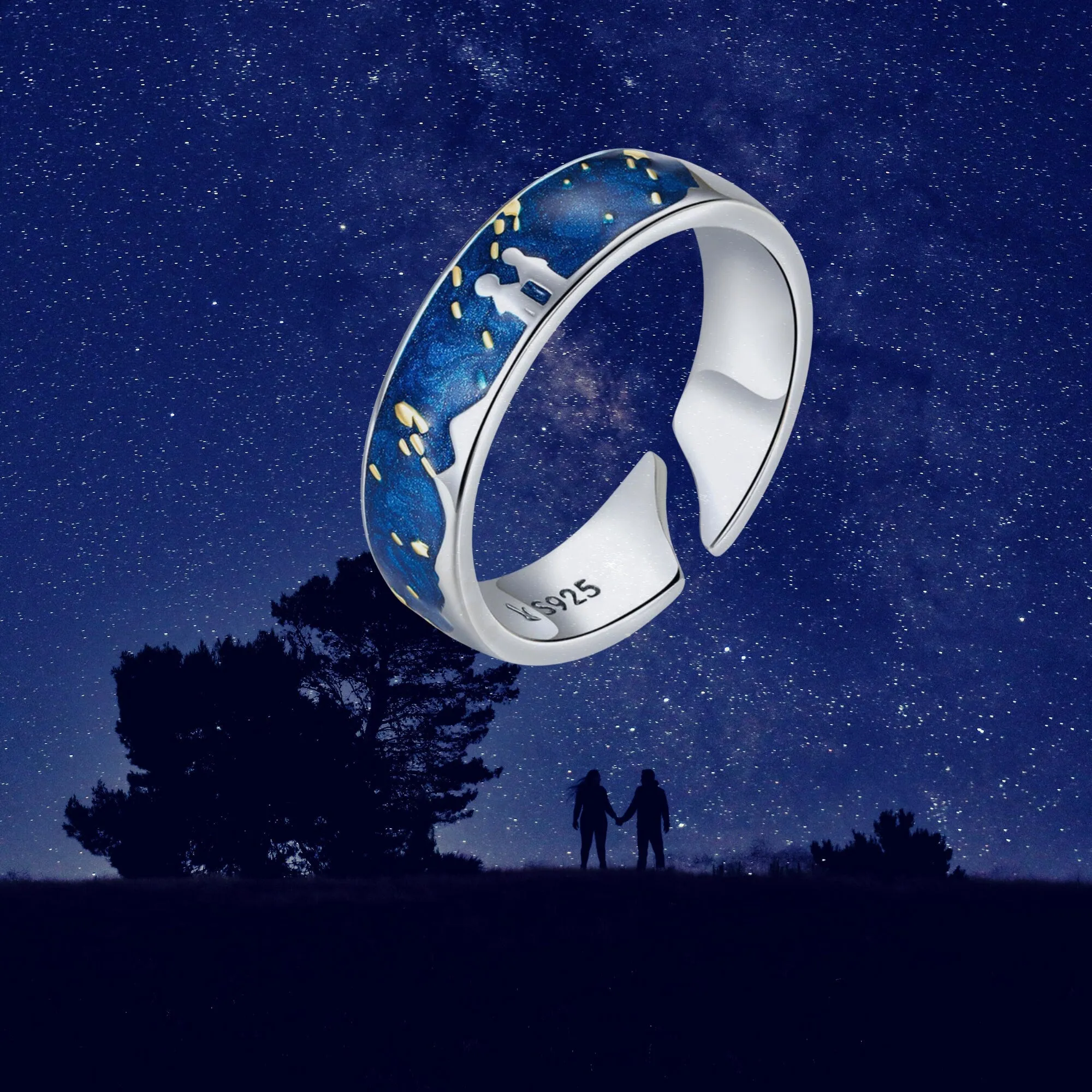 925 Sterling Silver Inky Blue Dark Night Sky Starry Night Couple Friendship Love Silver Ring Adjustable