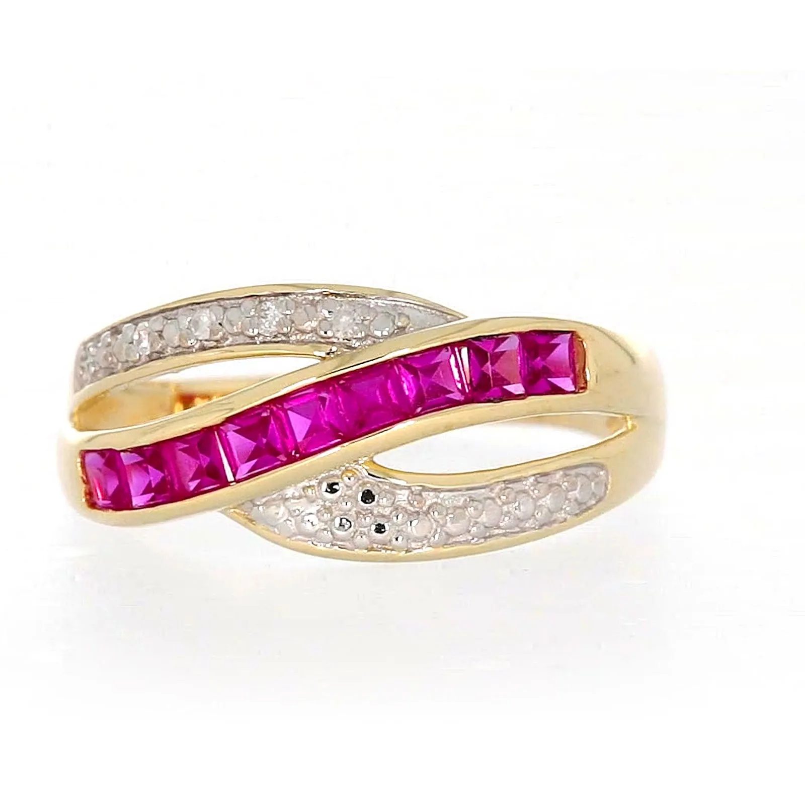 9ct Yellow Gold Square Cut  2 mm Created Ruby Diamond Set Ring