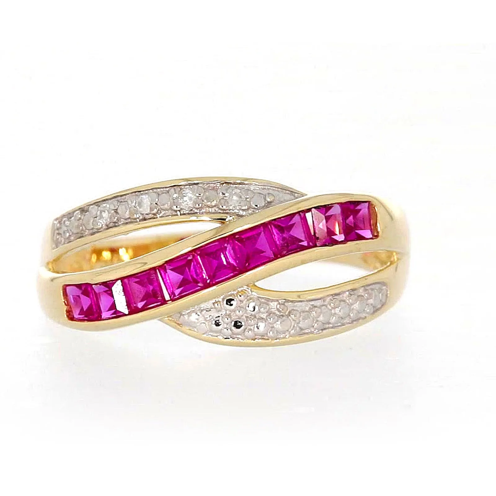 9ct Yellow Gold Square Cut  2 mm Created Ruby Diamond Set Ring