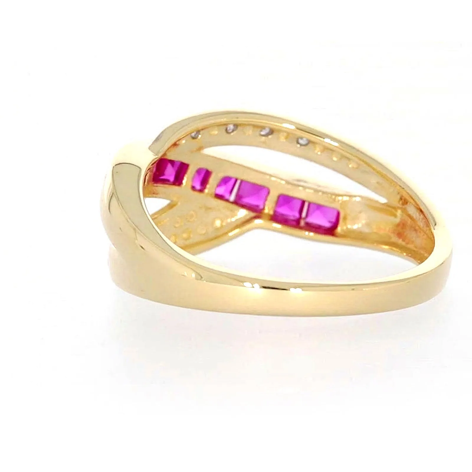 9ct Yellow Gold Square Cut  2 mm Created Ruby Diamond Set Ring
