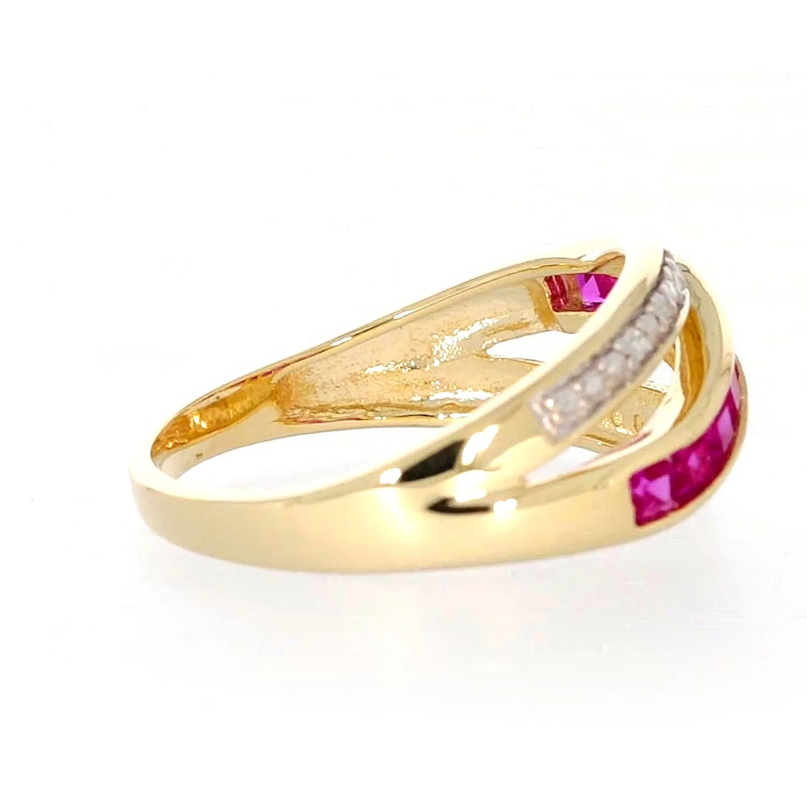 9ct Yellow Gold Square Cut  2 mm Created Ruby Diamond Set Ring
