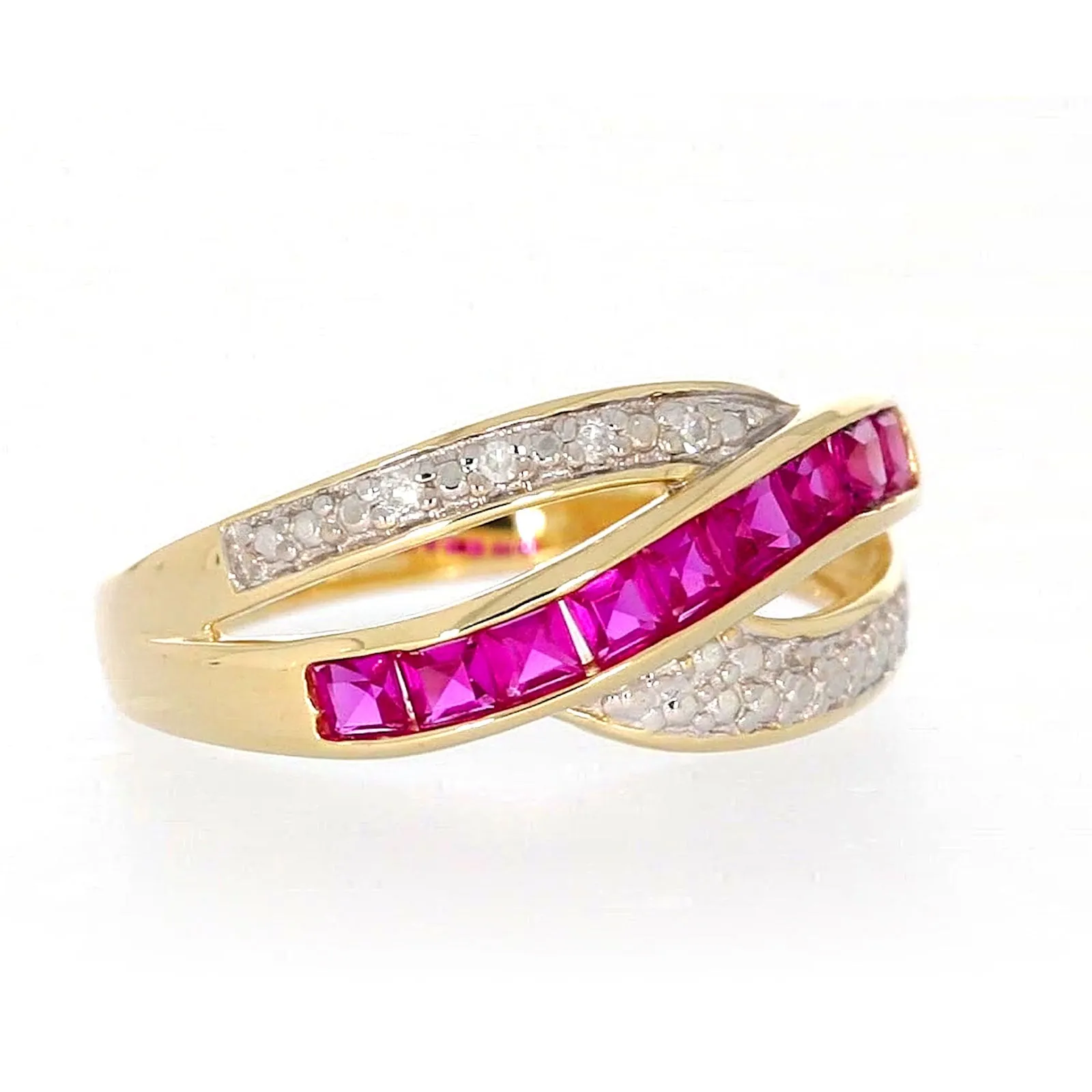 9ct Yellow Gold Square Cut  2 mm Created Ruby Diamond Set Ring
