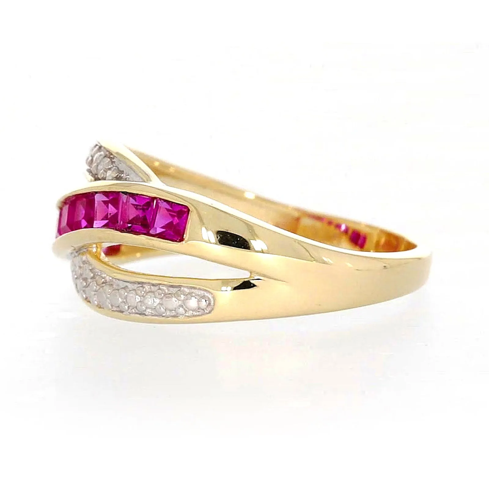 9ct Yellow Gold Square Cut  2 mm Created Ruby Diamond Set Ring