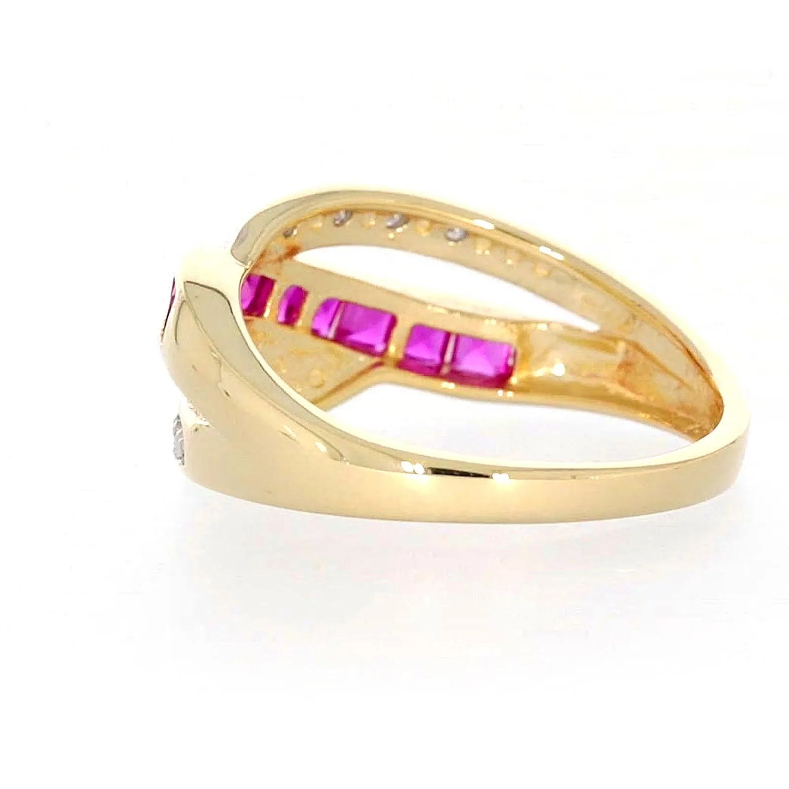 9ct Yellow Gold Square Cut  2 mm Created Ruby Diamond Set Ring