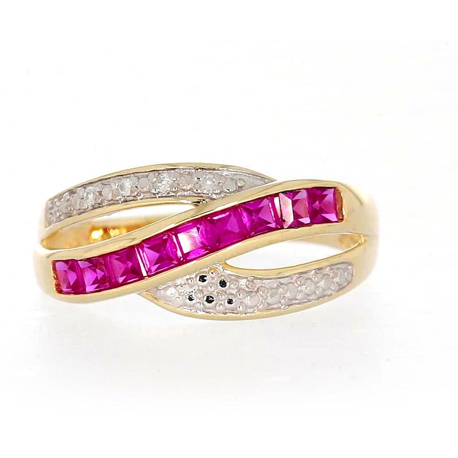9ct Yellow Gold Square Cut  2 mm Created Ruby Diamond Set Ring