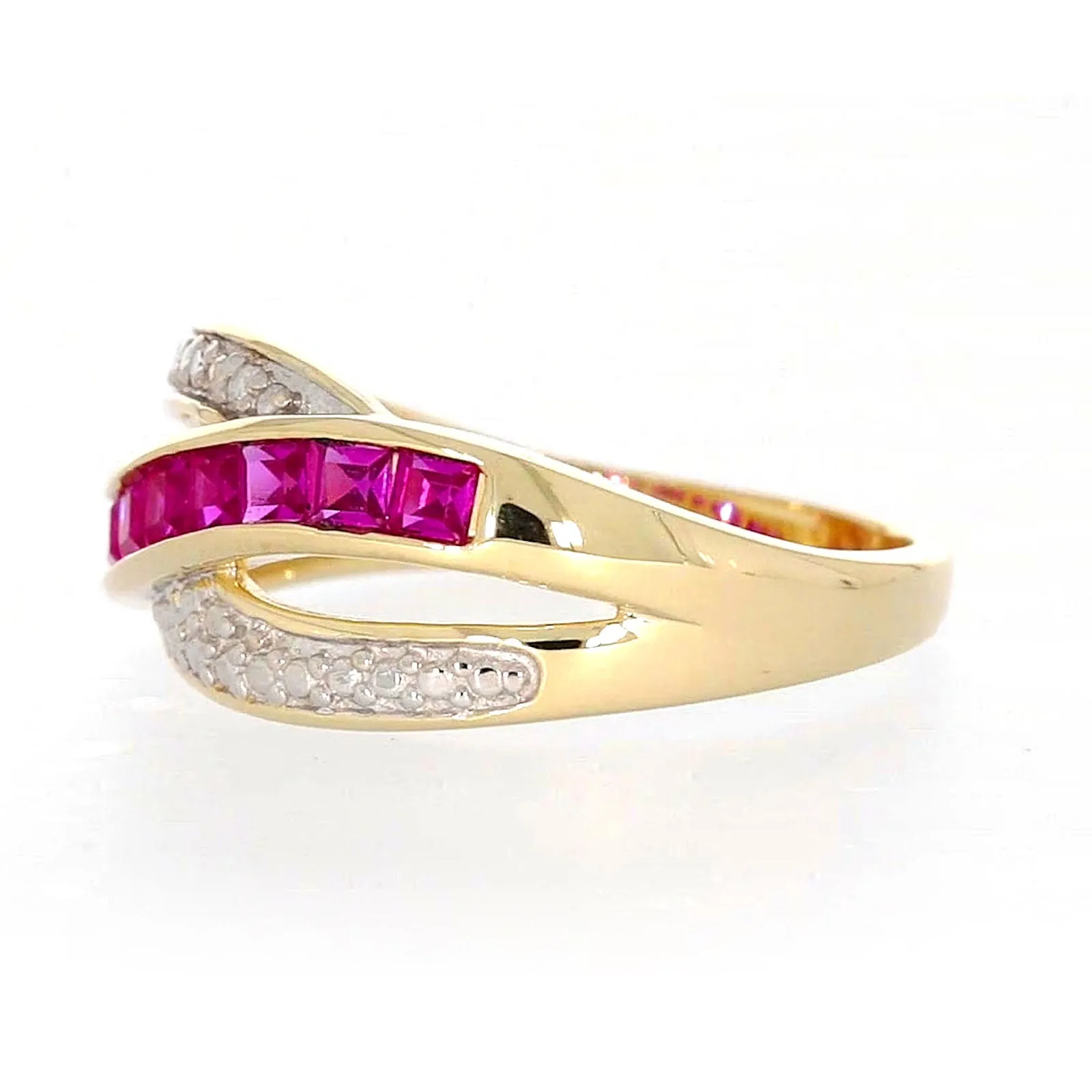 9ct Yellow Gold Square Cut  2 mm Created Ruby Diamond Set Ring