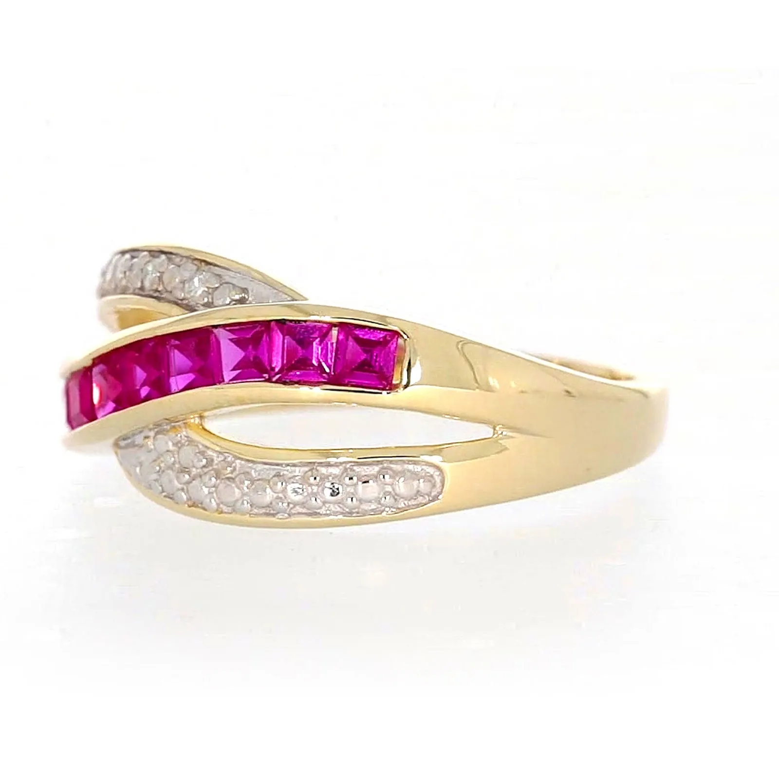 9ct Yellow Gold Square Cut  2 mm Created Ruby Diamond Set Ring