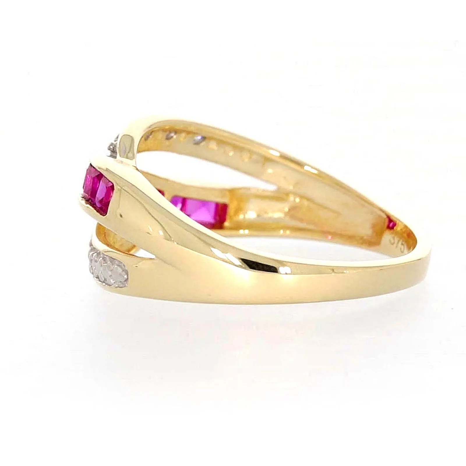 9ct Yellow Gold Square Cut  2 mm Created Ruby Diamond Set Ring