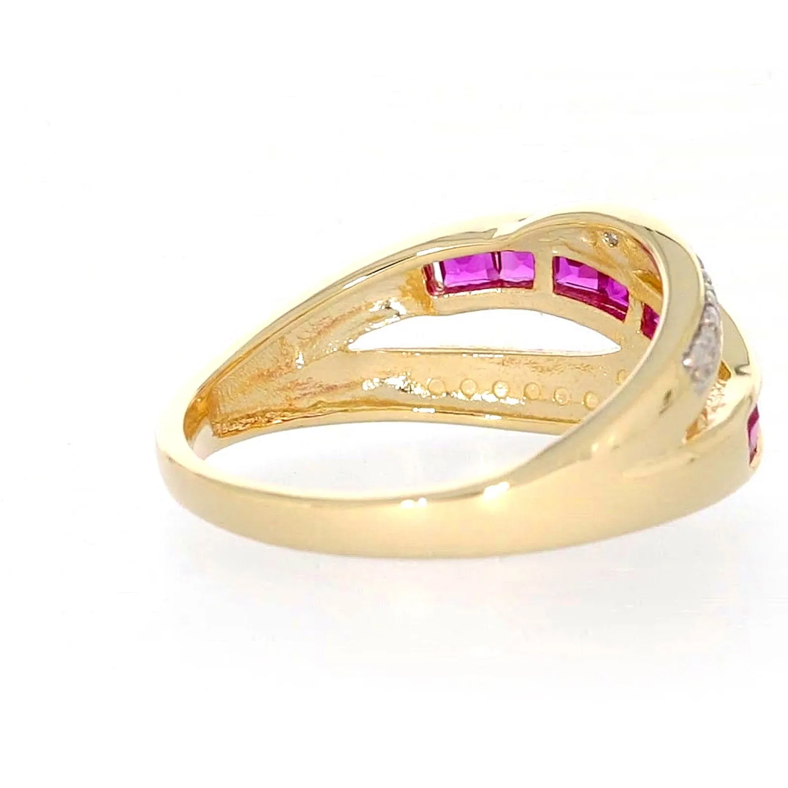 9ct Yellow Gold Square Cut  2 mm Created Ruby Diamond Set Ring