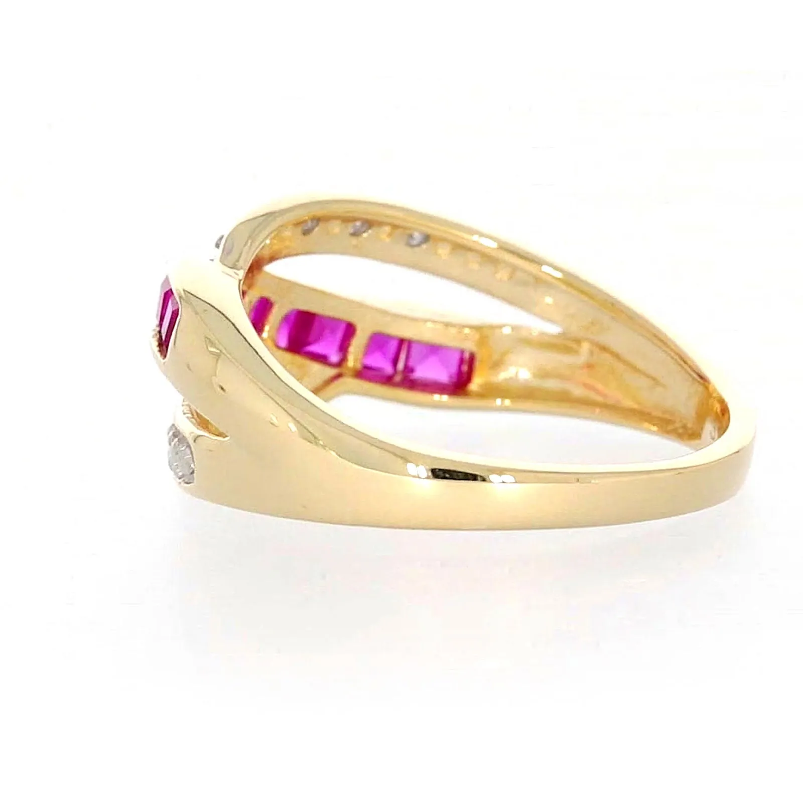 9ct Yellow Gold Square Cut  2 mm Created Ruby Diamond Set Ring