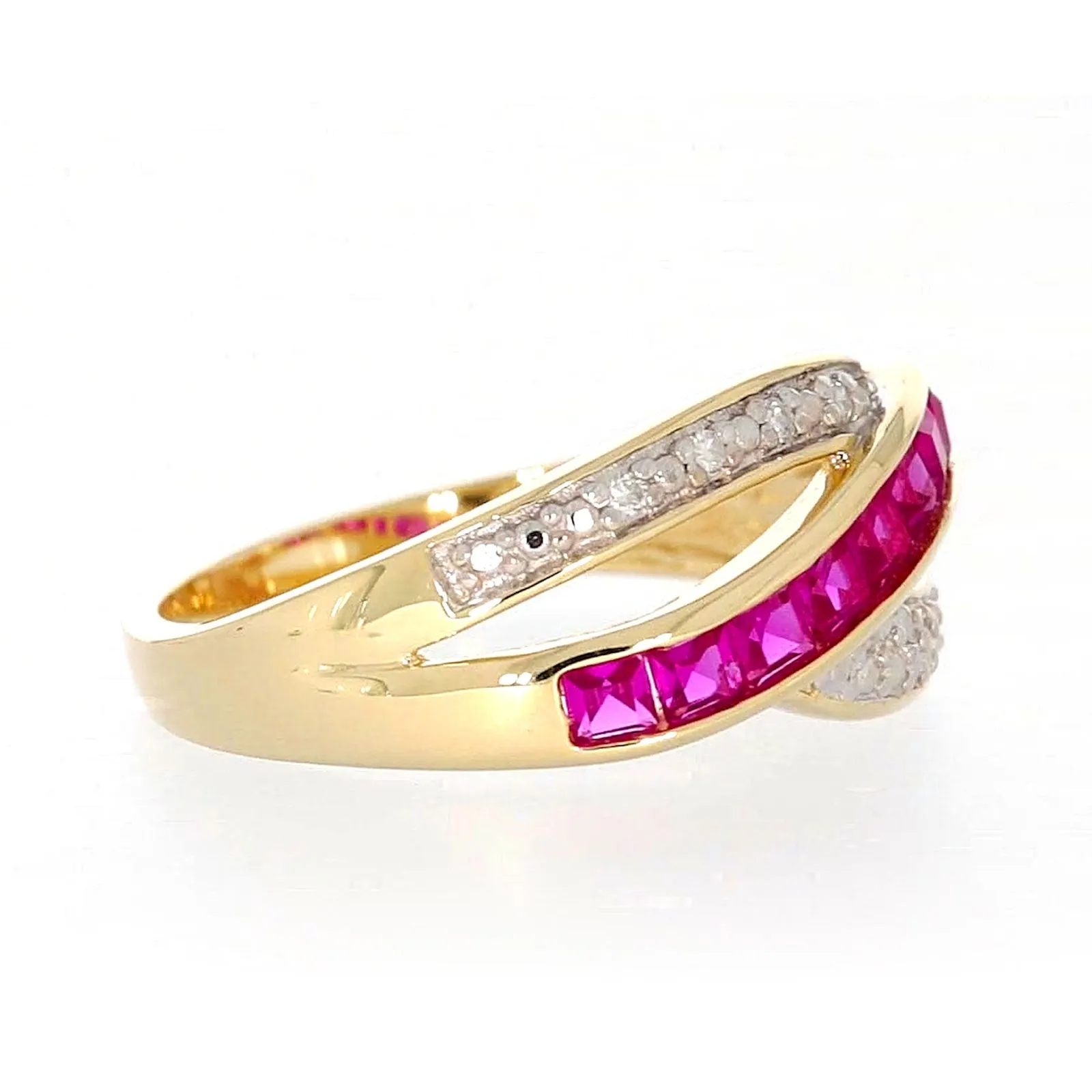 9ct Yellow Gold Square Cut  2 mm Created Ruby Diamond Set Ring